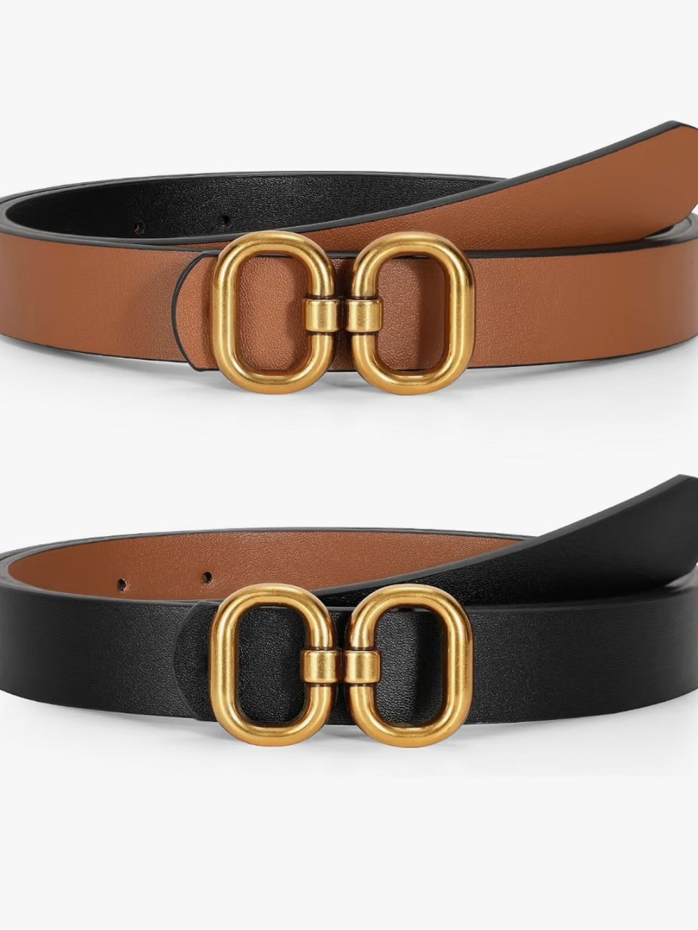 Reversible Tan and Black Leather Belt with Gold Interlocking Buckle